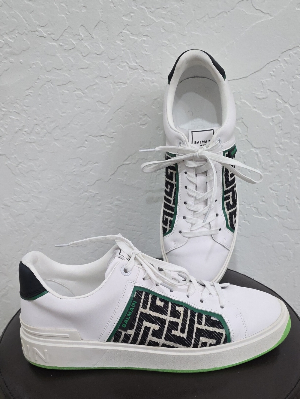 Balmain White Sneakers with Black & Green Trim